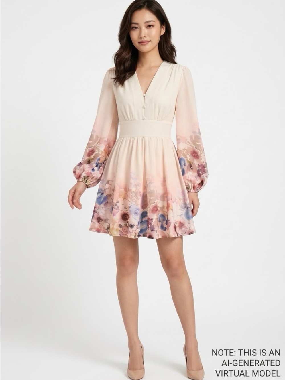 Commense Floral Print V-Neck Long Sleeve Mini Dress SMALL NWT